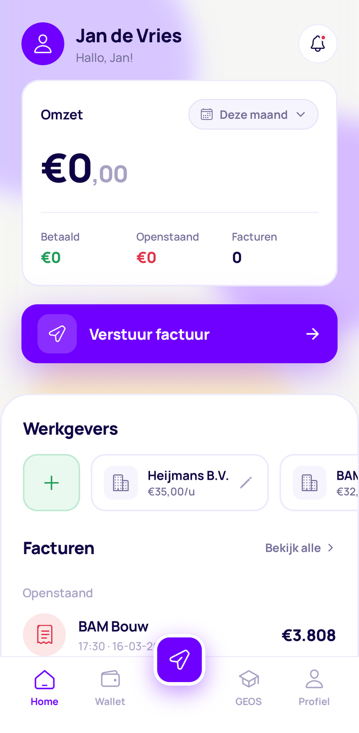 WorkChain app: dashboard met omzet en facturen