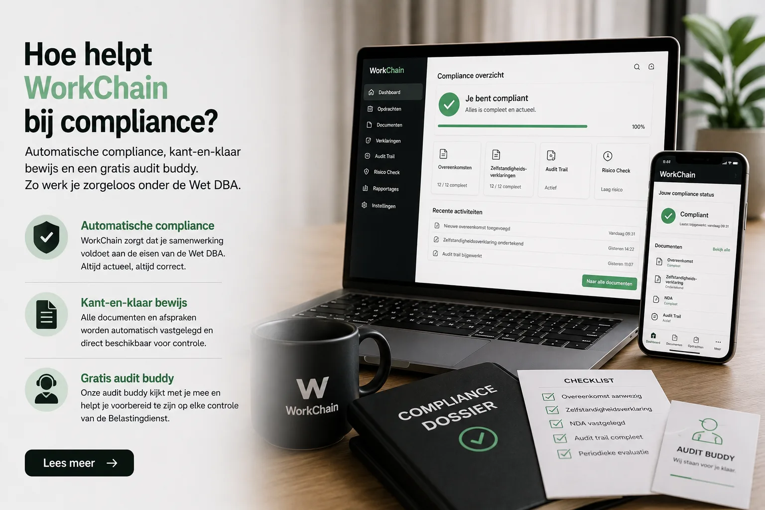 Illustratie van het WorkChain compliance-platform voor samenwerking met zzp'ers